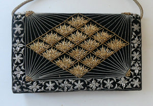 Fine Vintage 1940s Indian ZARDOSI Gold and Silver Embroidered Handbag. Black Velvet Body