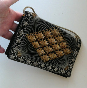 Fine Vintage 1940s Indian ZARDOSI Gold and Silver Embroidered Handbag. Black Velvet Body
