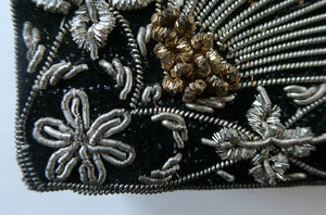 Fine Vintage 1940s Indian ZARDOSI Gold and Silver Embroidered Handbag. Black Velvet Body