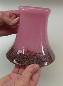 MONART Scottish Glass. Fine Vintage Art Glass Vase, 1930s. Shape GC. Mottled Pink with Black Rim Speckled with Gold Aventurine Flakes