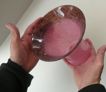 Load image into Gallery viewer, MONART Scottish Glass. Fine Vintage Art Glass Vase, 1930s. Shape GC. Mottled Pink with Black Rim Speckled with Gold Aventurine Flakes

