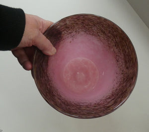 MONART Scottish Glass. Fine Vintage Art Glass Vase, 1930s. Shape GC. Mottled Pink with Black Rim Speckled with Gold Aventurine Flakes