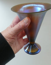 Load image into Gallery viewer, German WMF &quot;Myra Kristal&quot; Glass Trumpet Shape Vase with Stunning Blue and Gold Iridescent Lustres
