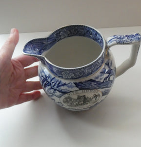 Antique Shelley Pottery Scotch Whisky Jug. Blue and White Country Pursuits Pattern