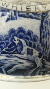 Antique Shelley Pottery Scotch Whisky Jug. Blue and White Country Pursuits Pattern