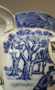Antique Shelley Pottery Scotch Whisky Jug. Blue and White Country Pursuits Pattern