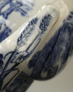 Antique Shelley Pottery Scotch Whisky Jug. Blue and White Country Pursuits Pattern