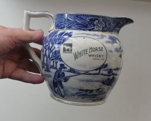 Antique Shelley Pottery Scotch Whisky Jug. Blue and White Country Pursuits Pattern