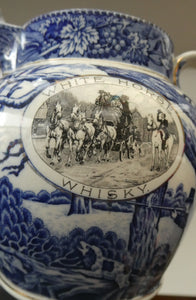 Antique Shelley Pottery Scotch Whisky Jug. Blue and White Country Pursuits Pattern