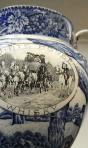 Antique Shelley Pottery Scotch Whisky Jug. Blue and White Country Pursuits Pattern