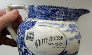Antique Shelley Pottery Scotch Whisky Jug. Blue and White Country Pursuits Pattern
