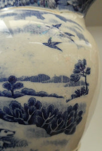 Antique Shelley Pottery Scotch Whisky Jug. Blue and White Country Pursuits Pattern