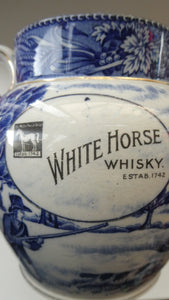 Antique Shelley Pottery Scotch Whisky Jug. Blue and White Country Pursuits Pattern