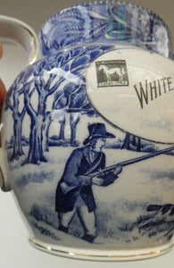 Antique Shelley Pottery Scotch Whisky Jug. Blue and White Country Pursuits Pattern