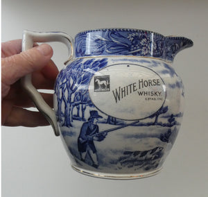 Antique Shelley Pottery Scotch Whisky Jug. Blue and White Country Pursuits Pattern