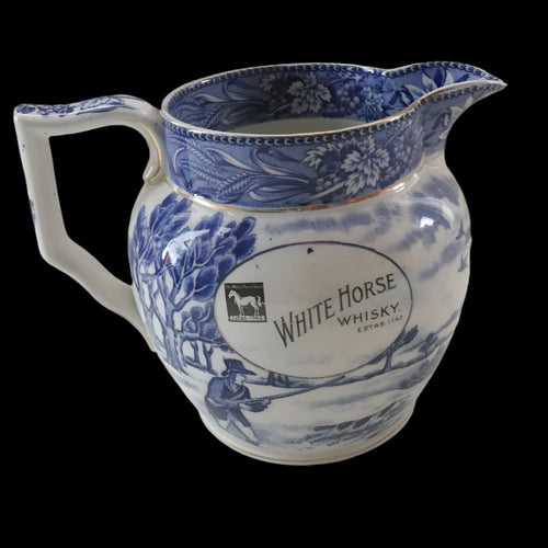 Antique Shelley Pottery Scotch Whisky Jug. Blue and White Country Pursuits Pattern
