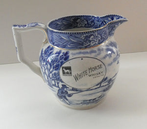 Antique Shelley Pottery Scotch Whisky Jug. Blue and White Country Pursuits Pattern