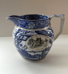 Antique Shelley Pottery Scotch Whisky Jug. Blue and White Country Pursuits Pattern