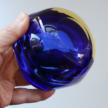 Load image into Gallery viewer, 1960s MURANO Small Square Glass Bowl. Vintage Sommerso Geode Blue Interior Cased in Yellow &amp; Clear
