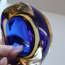 Load image into Gallery viewer, 1960s MURANO Small Square Glass Bowl. Vintage Sommerso Geode Blue Interior Cased in Yellow &amp; Clear
