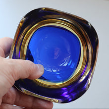 Load image into Gallery viewer, 1960s MURANO Small Square Glass Bowl. Vintage Sommerso Geode Blue Interior Cased in Yellow &amp; Clear
