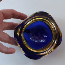 Load image into Gallery viewer, 1960s MURANO Small Square Glass Bowl. Vintage Sommerso Geode Blue Interior Cased in Yellow &amp; Clear
