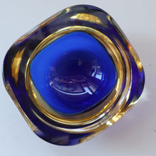 Load image into Gallery viewer, 1960s MURANO Small Square Glass Bowl. Vintage Sommerso Geode Blue Interior Cased in Yellow &amp; Clear
