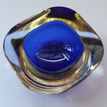Load image into Gallery viewer, 1960s MURANO Small Square Glass Bowl. Vintage Sommerso Geode Blue Interior Cased in Yellow &amp; Clear
