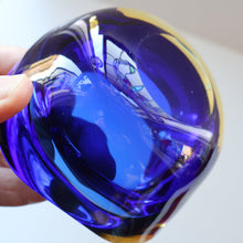 Load image into Gallery viewer, 1960s MURANO Small Square Glass Bowl. Vintage Sommerso Geode Blue Interior Cased in Yellow &amp; Clear
