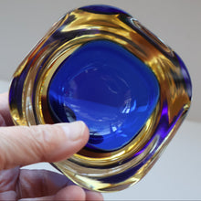 Load image into Gallery viewer, 1960s MURANO Small Square Glass Bowl. Vintage Sommerso Geode Blue Interior Cased in Yellow &amp; Clear
