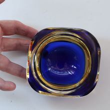 Load image into Gallery viewer, 1960s MURANO Small Square Glass Bowl. Vintage Sommerso Geode Blue Interior Cased in Yellow &amp; Clear
