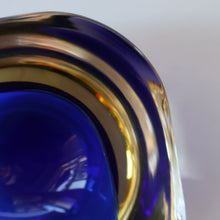 Load image into Gallery viewer, 1960s MURANO Small Square Glass Bowl. Vintage Sommerso Geode Blue Interior Cased in Yellow &amp; Clear
