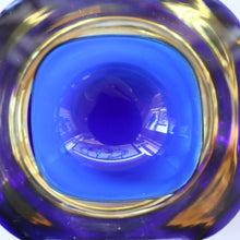Load image into Gallery viewer, 1960s MURANO Small Square Glass Bowl. Vintage Sommerso Geode Blue Interior Cased in Yellow &amp; Clear
