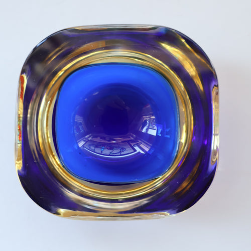 1960s MURANO Small Square Glass Bowl. Vintage Sommerso Geode Blue Interior Cased in Yellow & Clear