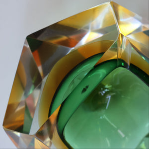 Large 1960s MURANO Faceted Glass Bowl. Vintage Sommerso Geode Green, Yellow and Clear Bowl