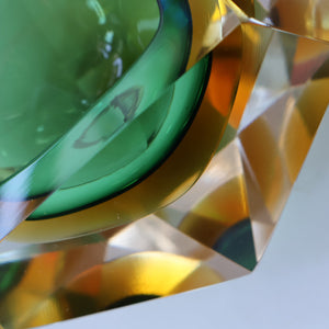 Large 1960s MURANO Faceted Glass Bowl. Vintage Sommerso Geode Green, Yellow and Clear Bowl