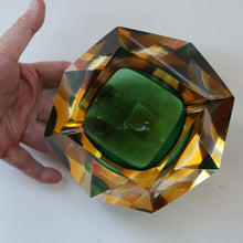 Load image into Gallery viewer, Large 1960s MURANO Faceted Glass Bowl. Vintage Sommerso Geode Green, Yellow and Clear Bowl
