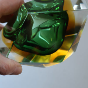 Large 1960s MURANO Faceted Glass Bowl. Vintage Sommerso Geode Green, Yellow and Clear Bowl