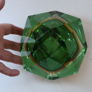 Large 1960s MURANO Faceted Glass Bowl. Vintage Sommerso Geode Green, Yellow and Clear Bowl