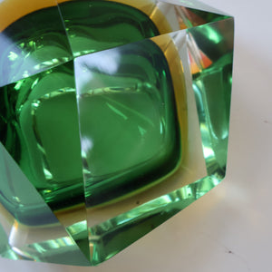 Large 1960s MURANO Faceted Glass Bowl. Vintage Sommerso Geode Green, Yellow and Clear Bowl