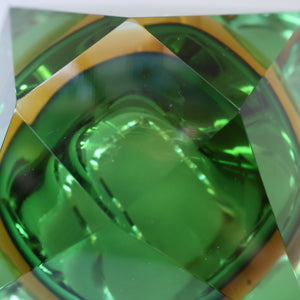 Large 1960s MURANO Faceted Glass Bowl. Vintage Sommerso Geode Green, Yellow and Clear Bowl