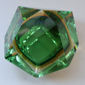Large 1960s MURANO Faceted Glass Bowl. Vintage Sommerso Geode Green, Yellow and Clear Bowl