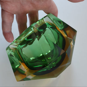Large 1960s MURANO Faceted Glass Bowl. Vintage Sommerso Geode Green, Yellow and Clear Bowl