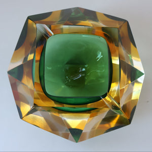 Large 1960s MURANO Faceted Glass Bowl. Vintage Sommerso Geode Green, Yellow and Clear Bowl
