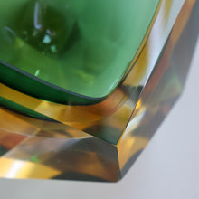 Load image into Gallery viewer, Large 1960s MURANO Faceted Glass Bowl. Vintage Sommerso Geode Green, Yellow and Clear Bowl
