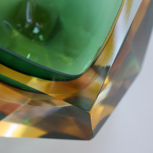 Large 1960s MURANO Faceted Glass Bowl. Vintage Sommerso Geode Green, Yellow and Clear Bowl