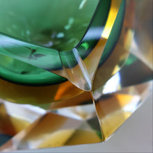 Load image into Gallery viewer, Large 1960s MURANO Faceted Glass Bowl. Vintage Sommerso Geode Green, Yellow and Clear Bowl
