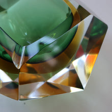 Load image into Gallery viewer, Large 1960s MURANO Faceted Glass Bowl. Vintage Sommerso Geode Green, Yellow and Clear Bowl
