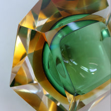 Load image into Gallery viewer, Large 1960s MURANO Faceted Glass Bowl. Vintage Sommerso Geode Green, Yellow and Clear Bowl
