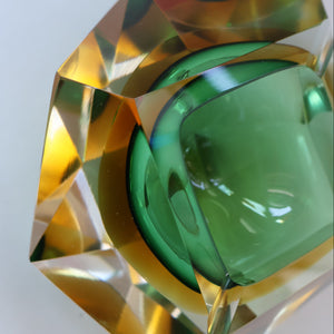 Large 1960s MURANO Faceted Glass Bowl. Vintage Sommerso Geode Green, Yellow and Clear Bowl